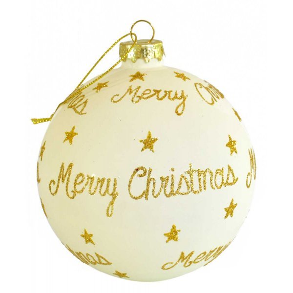 Χριστουγεννιάτικη Γυάλινη Μπάλα Μπεζ, με Χρυσό "Merry Christmas" (10cm)